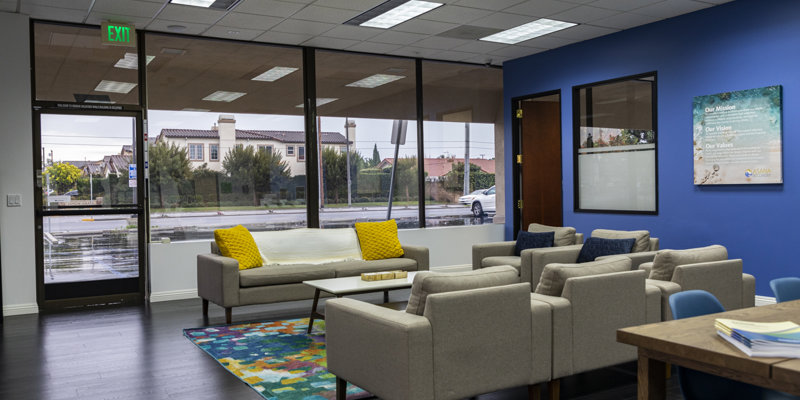 A modern, cozy waiting room features neutral sofas with bright yellow pillows, a colorful rug, and large windows letting in natural light.