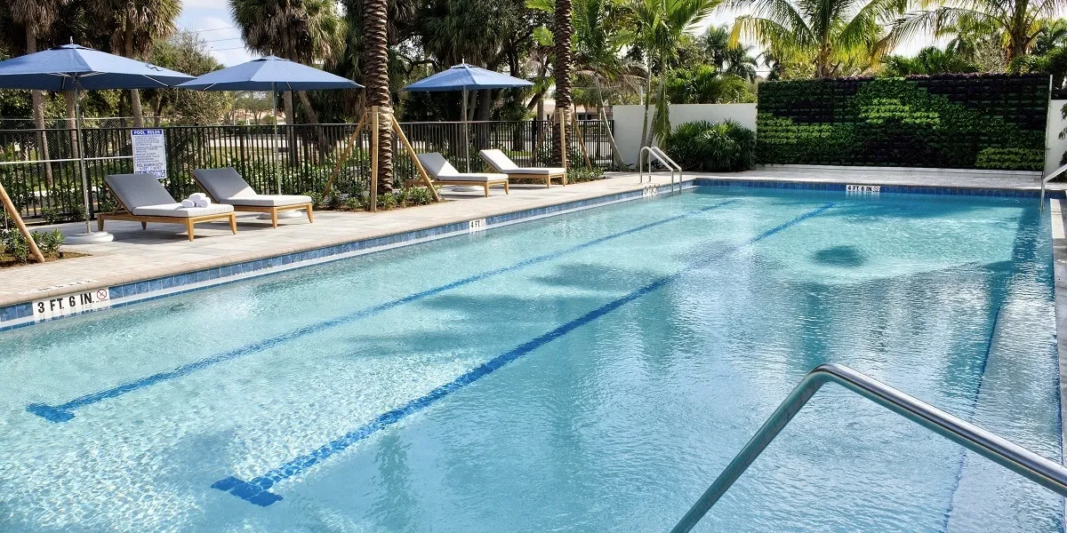 Pool with sun loungers and umbrellas surrounded by palms