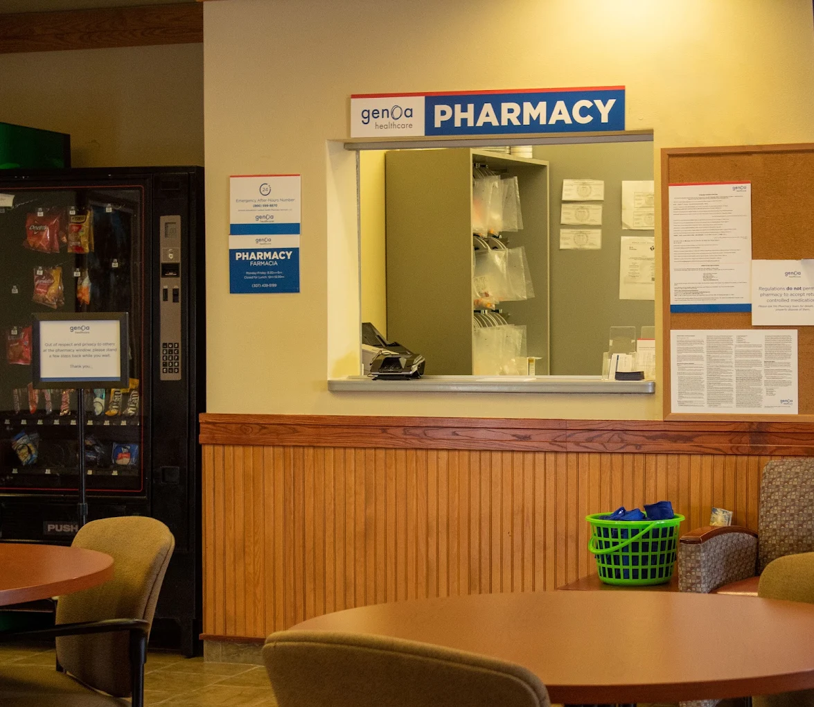 On-site pharmacy window inside the counseling center