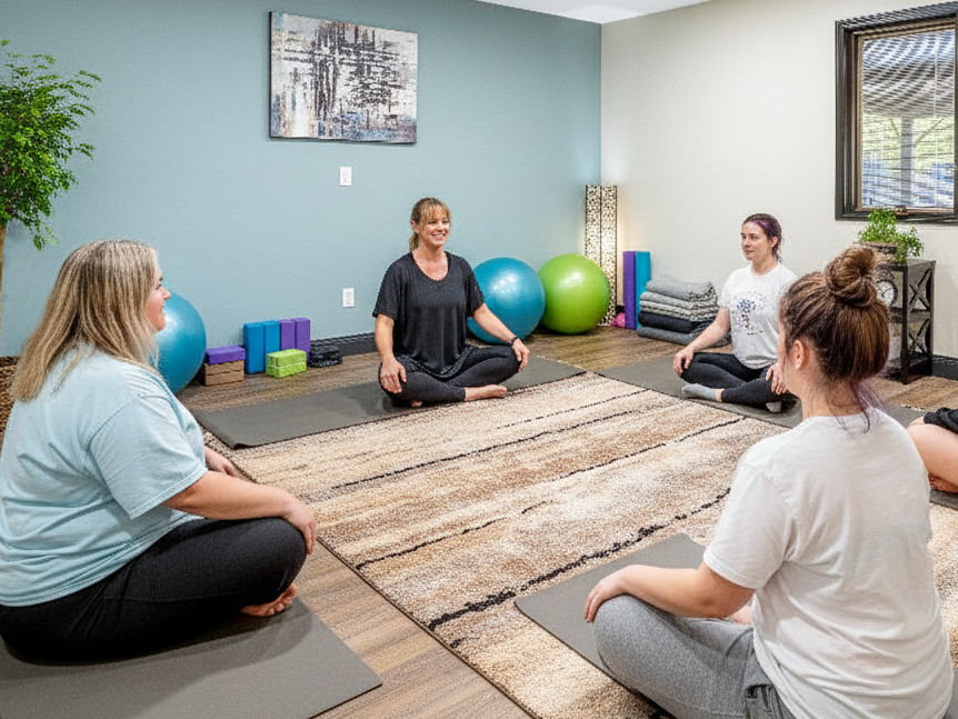 Small yoga group practicing in a peaceful room.