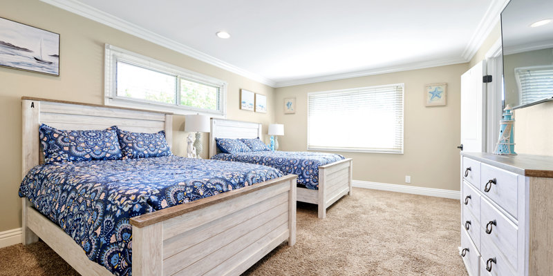 A bright and spacious bedroom featuring two cozy beds with blue patterned bedding, large windows, and soft carpet flooring, creating a relaxing ambiance.