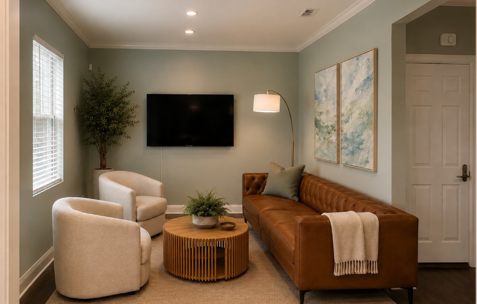 Comfortable waiting room with sofa, chairs, and TV