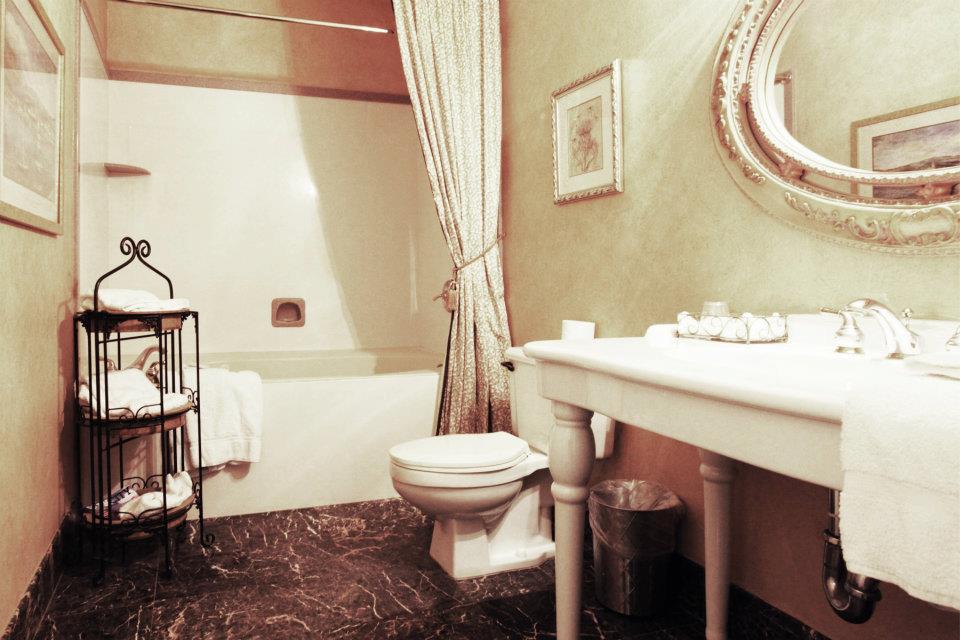 Bathroom with large sink, tub, and elegant decor