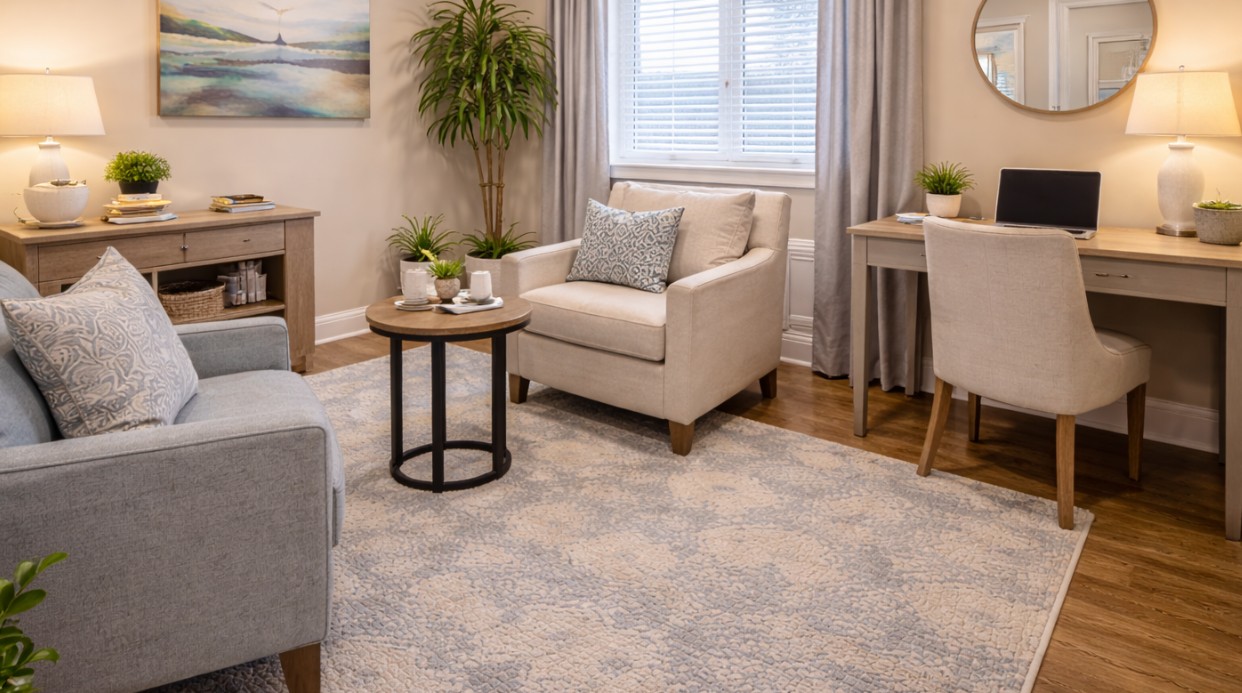 Quiet sitting area with desk and upholstered chairs