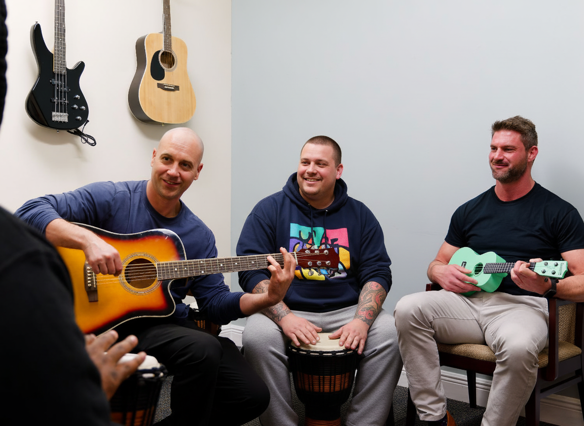 Group playing instruments together during a music therapy session.