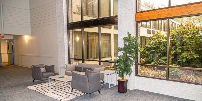 A cozy sitting area with modern grey chairs and a rug, set by large windows overlooking vibrant greenery.