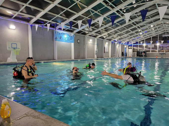 Group of people learning scuba diving in an indoor pool.