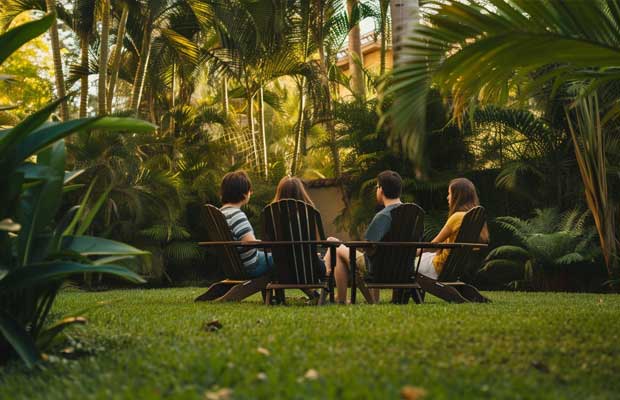 People sitting on chairs in a lush green garden