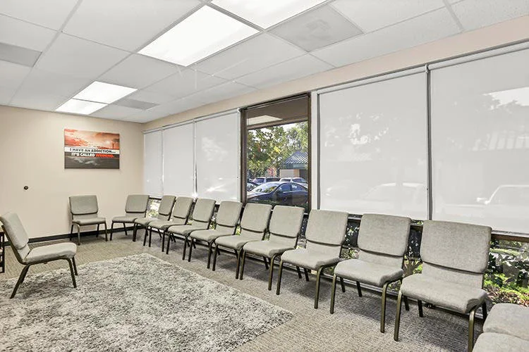 Group counseling room with circle of chairs and large windows providing natural light