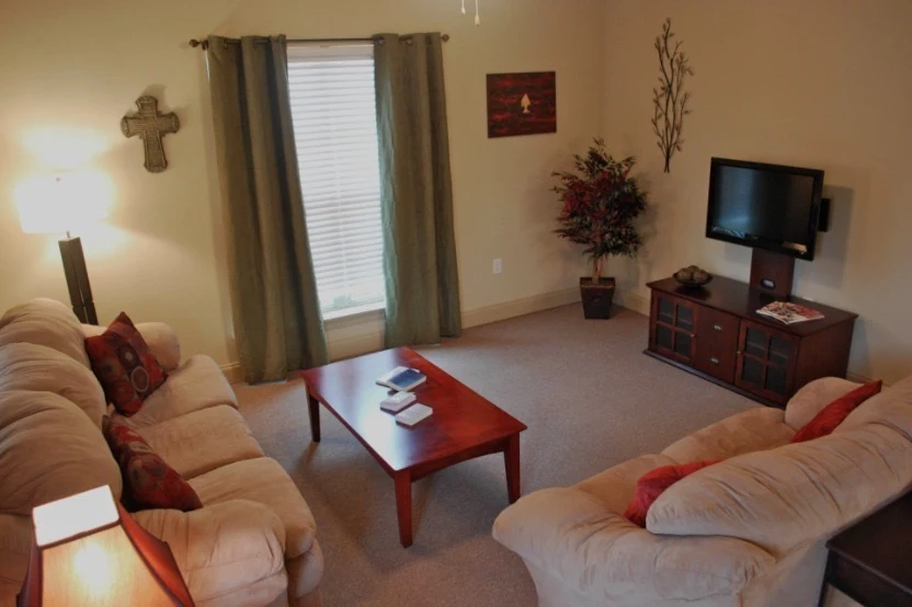 Living room with couches, TV, and natural lighting