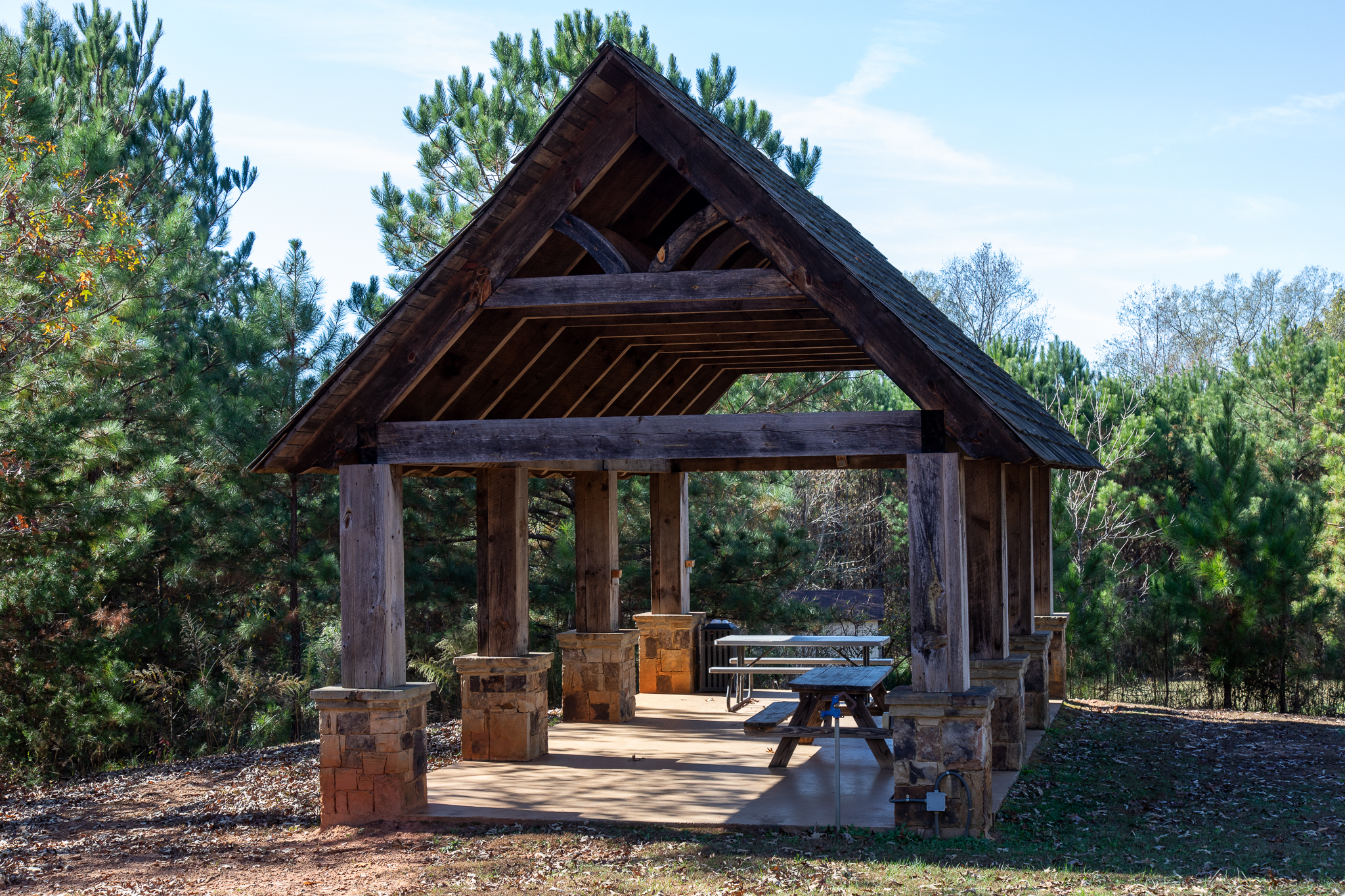 Covered outdoor pavilion with picnic tables among trees