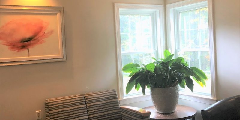  A cozy corner with a striped loveseat, a lush potted plant by the window, and soft lighting, offering a peaceful, inviting space.