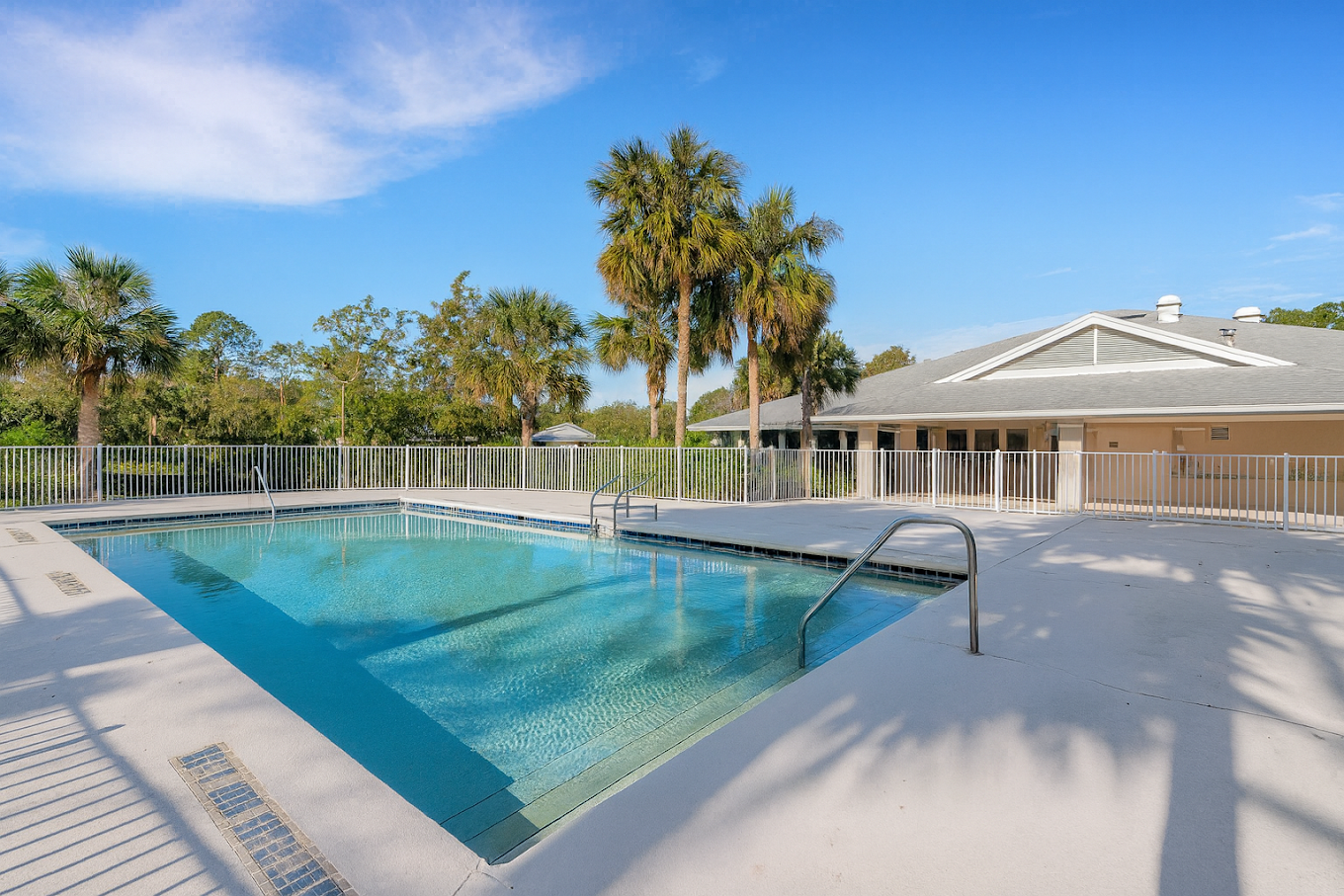 Outdoor swimming pool surrounded by palm trees and buildings