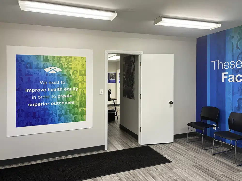 Waiting area with chairs and recovery message wall art