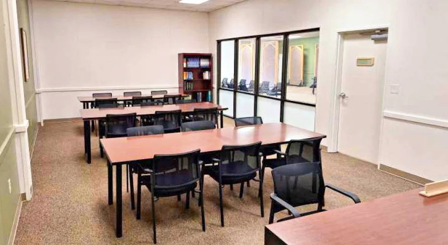 Classroom with tables and chairs for group learning