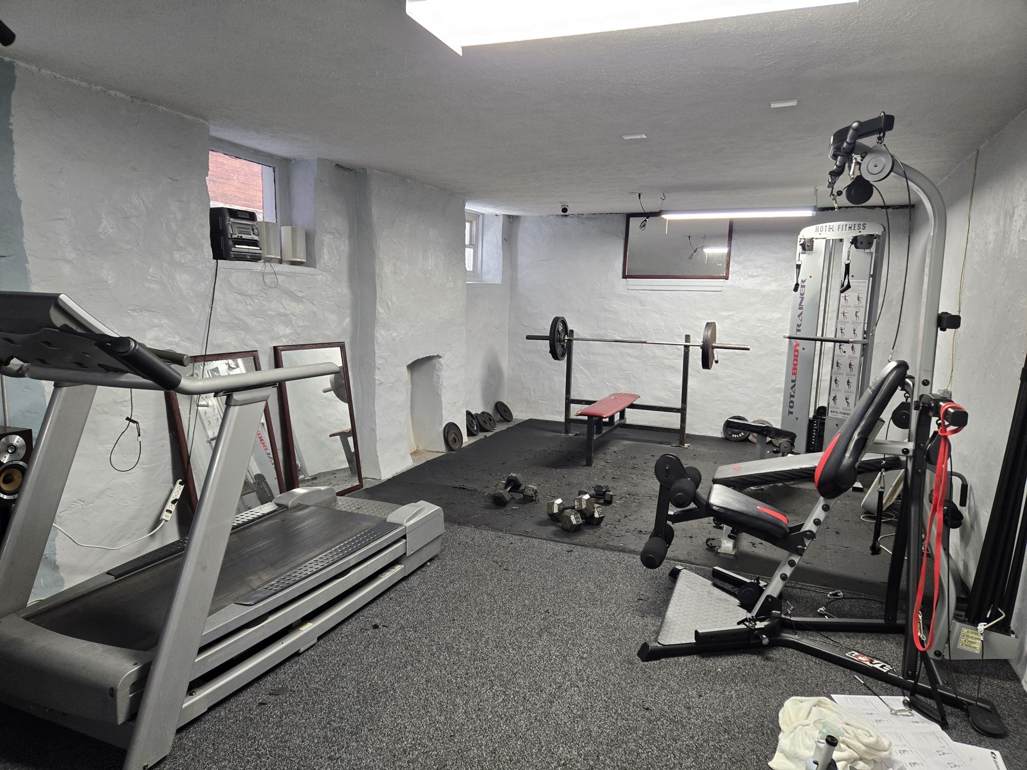 Gym with treadmill, weights, and mirrors.