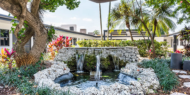 A serene garden with a tranquil stone waterfall, surrounded by lush greenery and tropical plants, creating a peaceful, relaxing space.