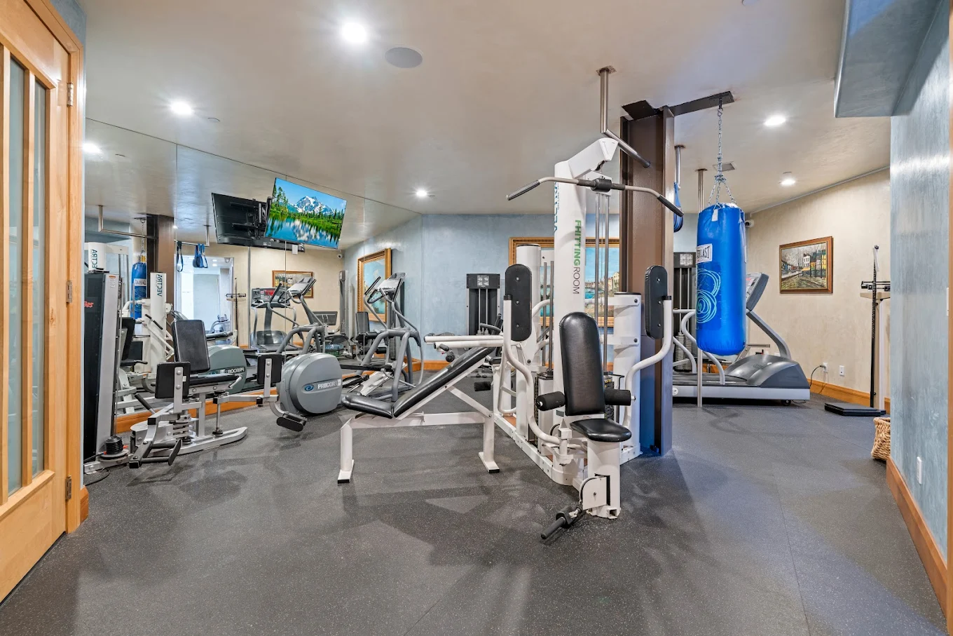 Fully equipped gym with cardio and strength machines, wall mirror, and mounted TV