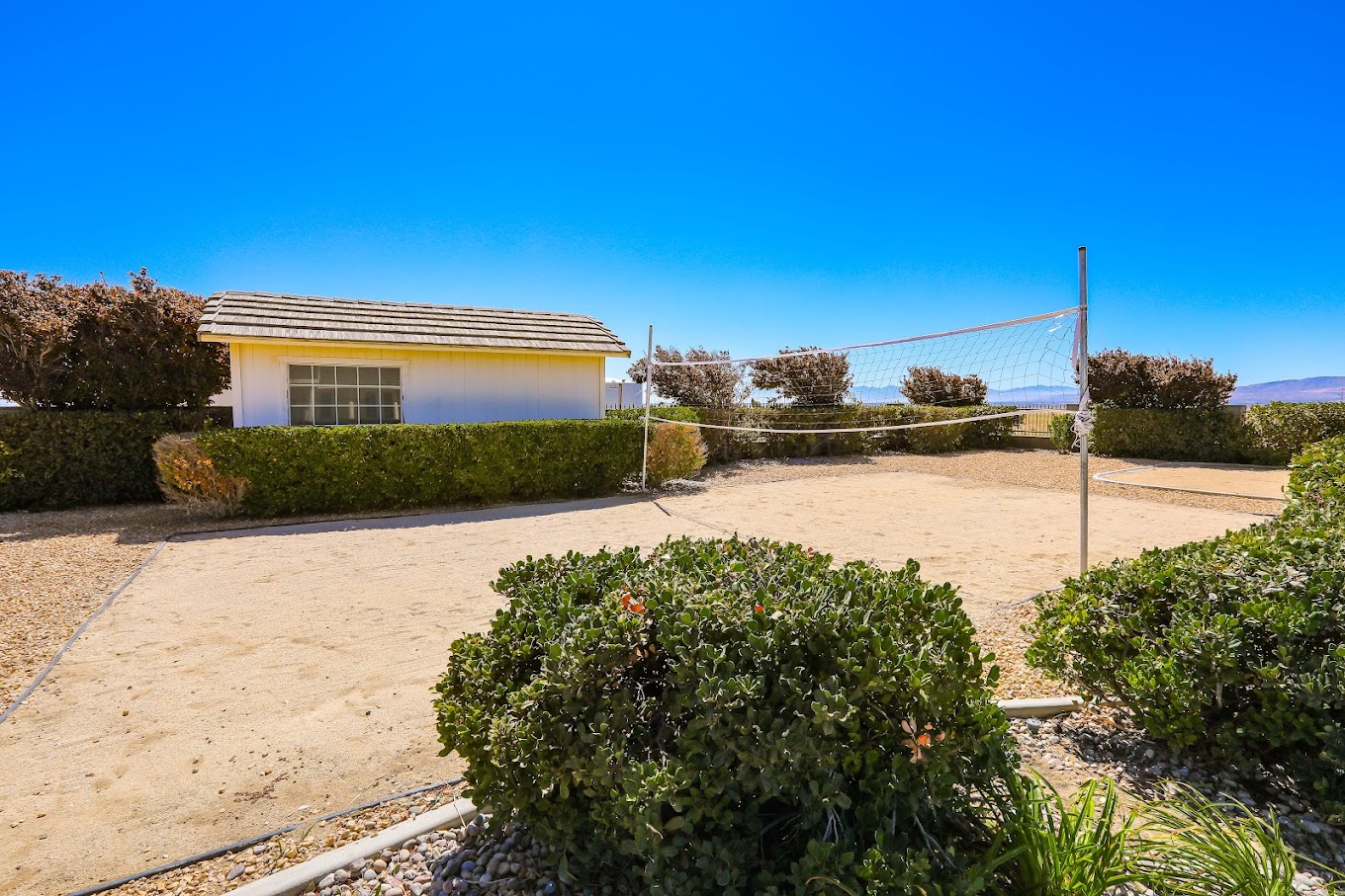 Sand volleyball court surrounded by shrubs and views