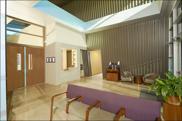  Open rehab lobby with seating and coffee station