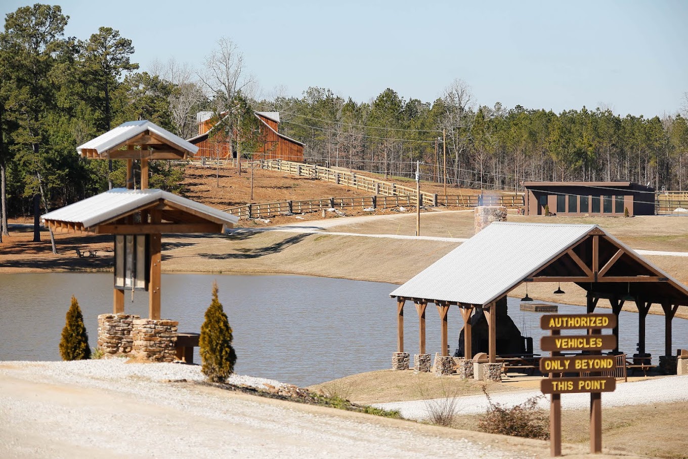Scenic rehab facility with a pond and pavilion