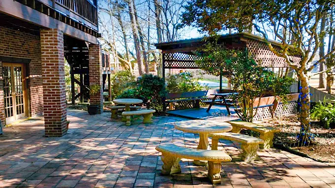 Shaded picnic table surrounded by trees