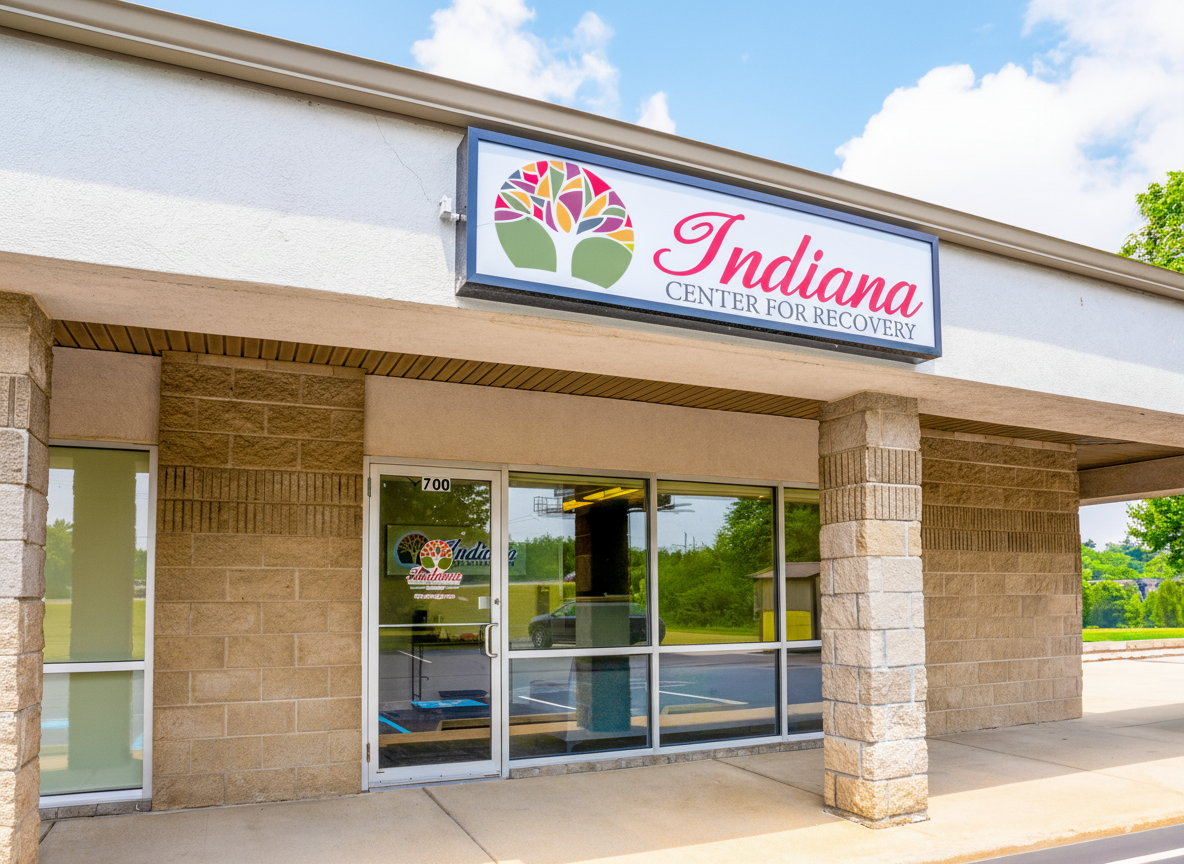 Glass entrance to Indiana Center for Recovery Lafayette.