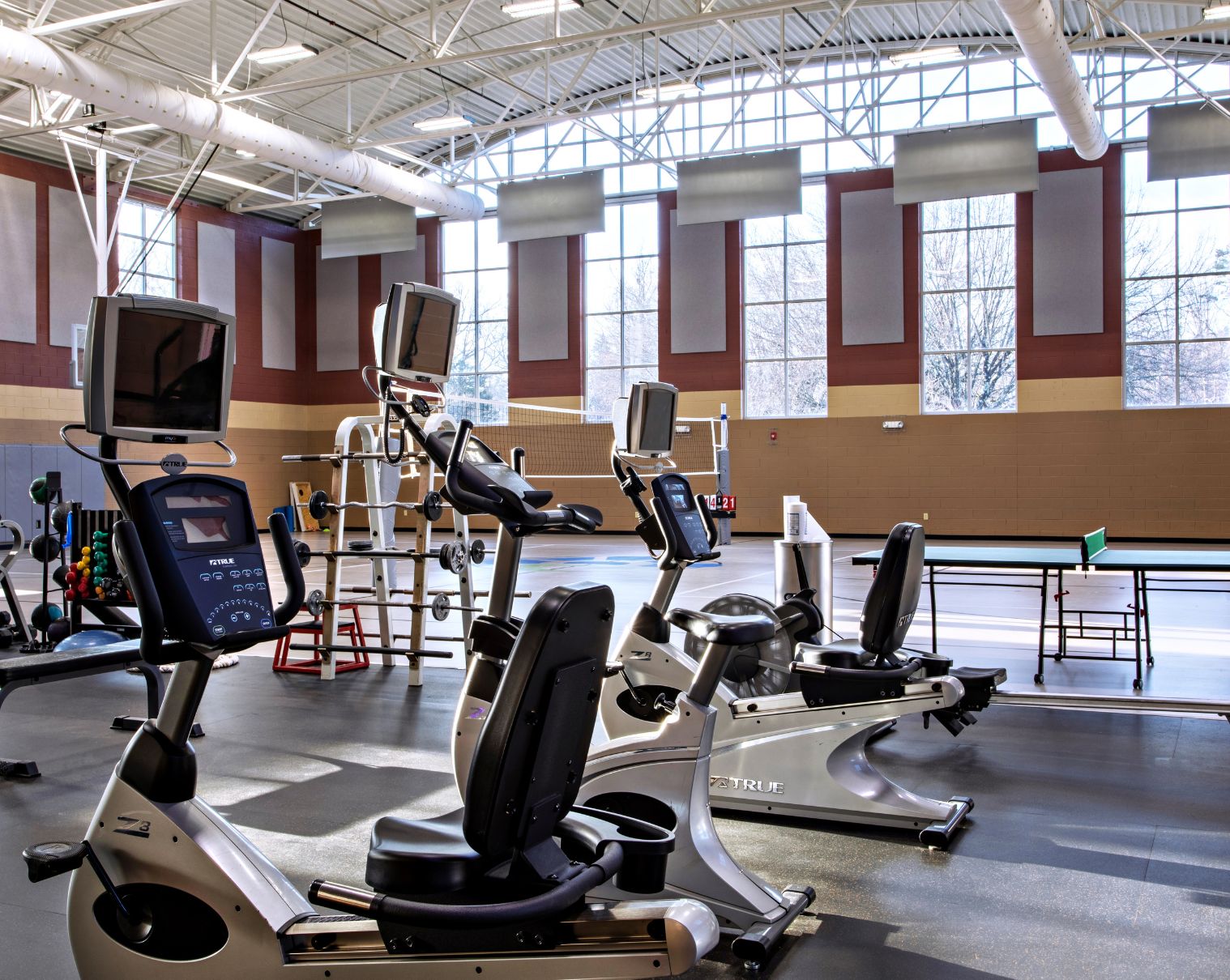 Exercise equipment in a well-lit fitness center