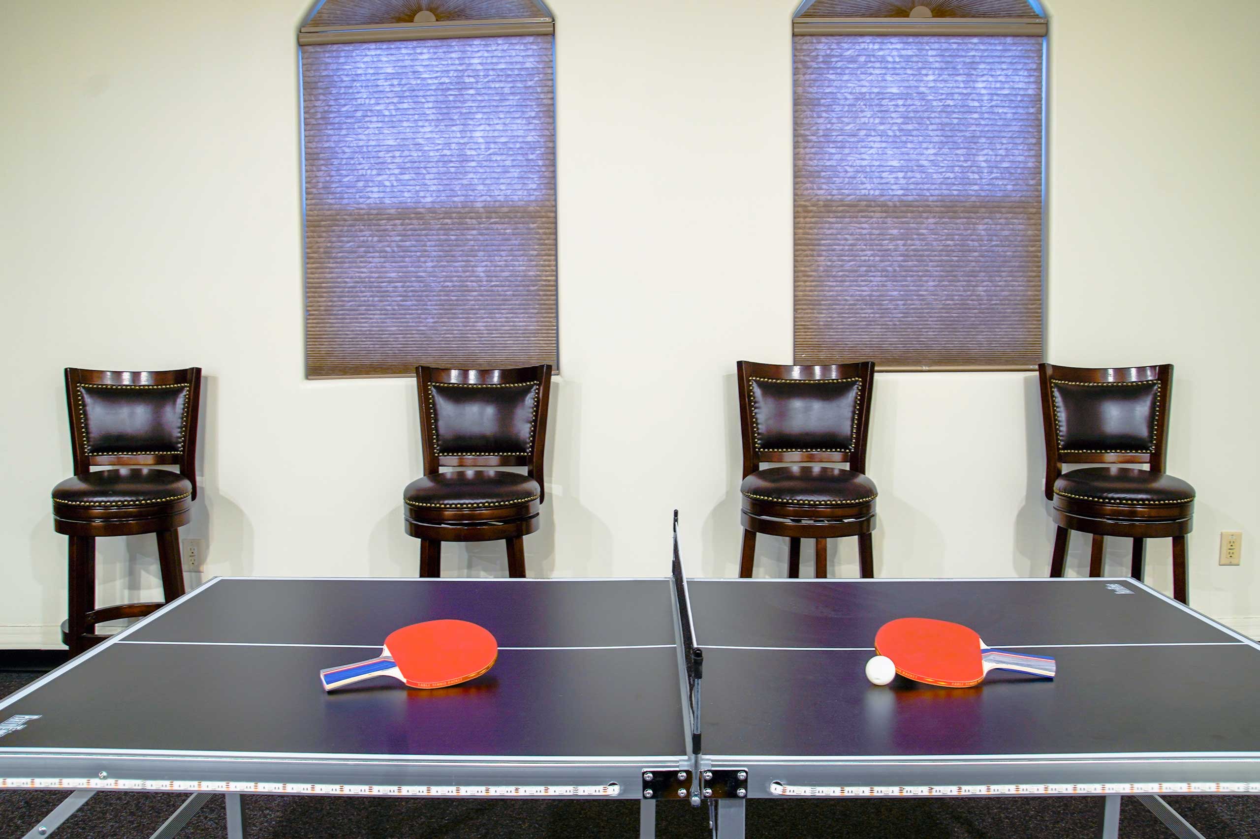 Indoor game room with ping pong table and seating