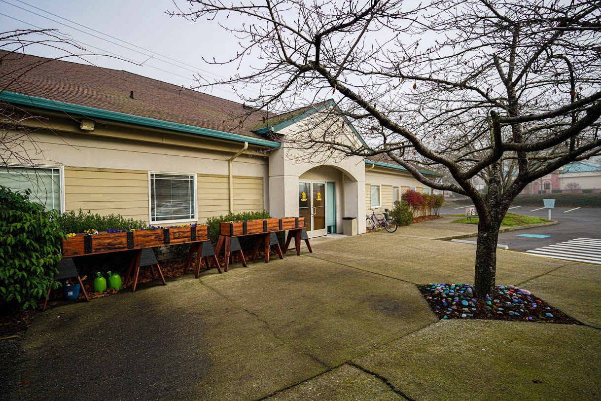 Main entrance with planter boxes and leafless tree in foreground