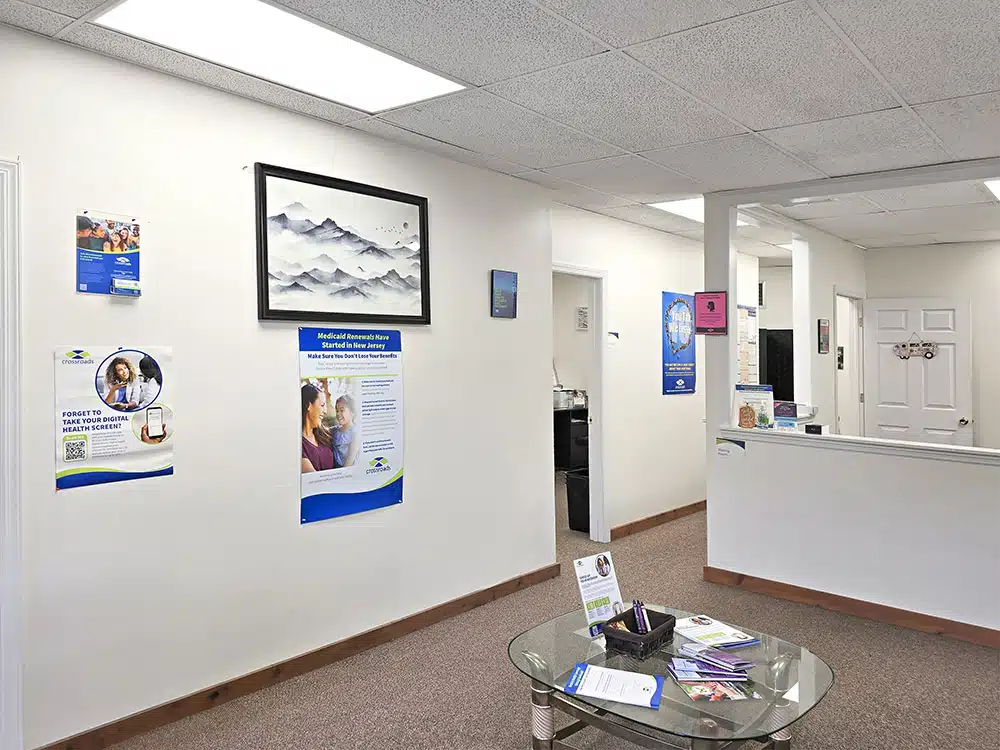 Lobby with reception desk and informational posters