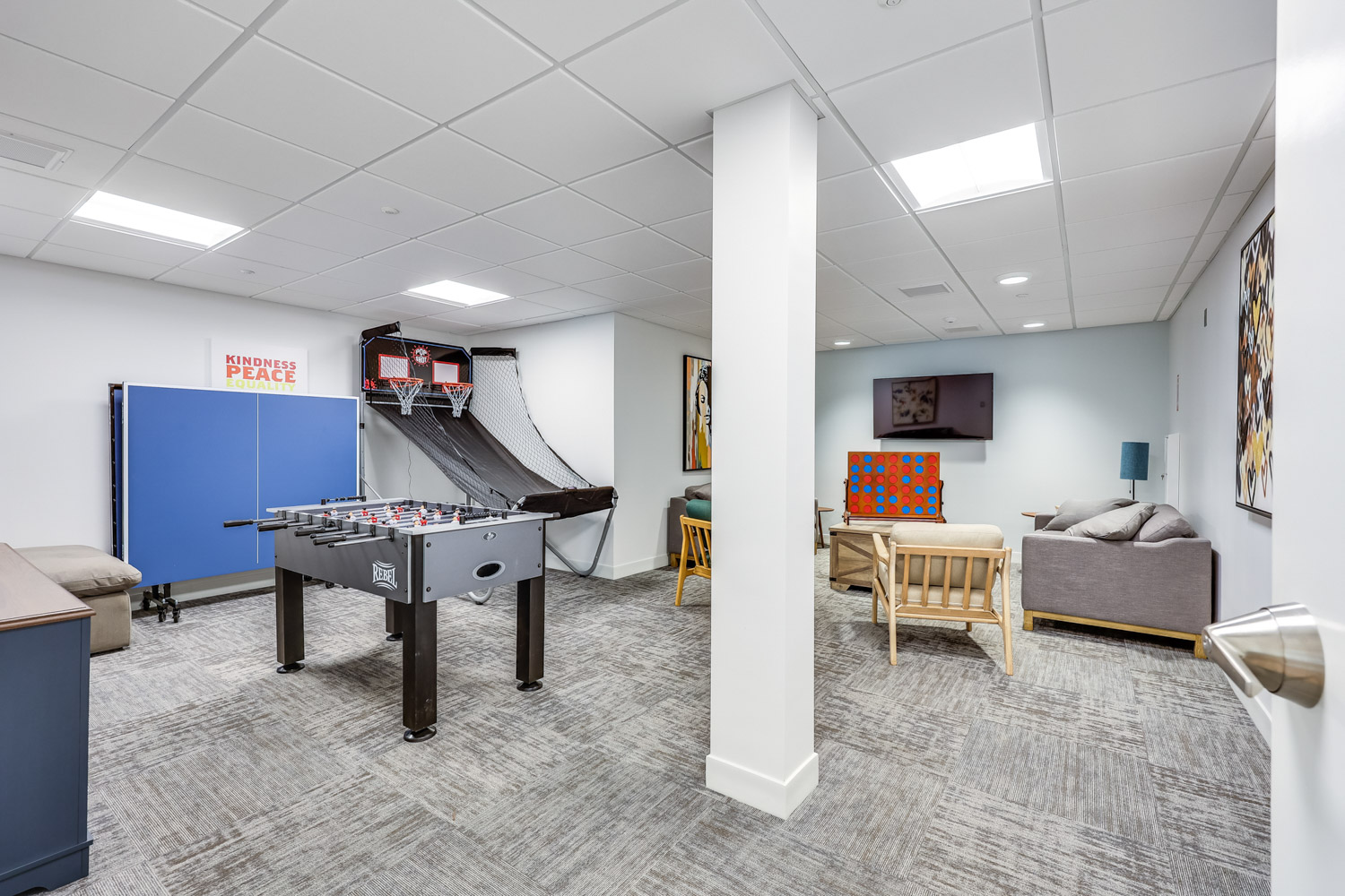 Recreation room with games and seating