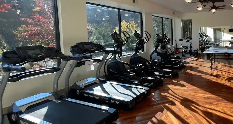 Fitness room with treadmills and large windows overlooking trees