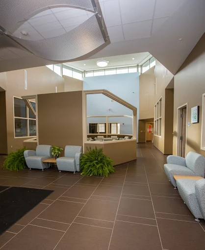 Open lobby with seating and modern interior design