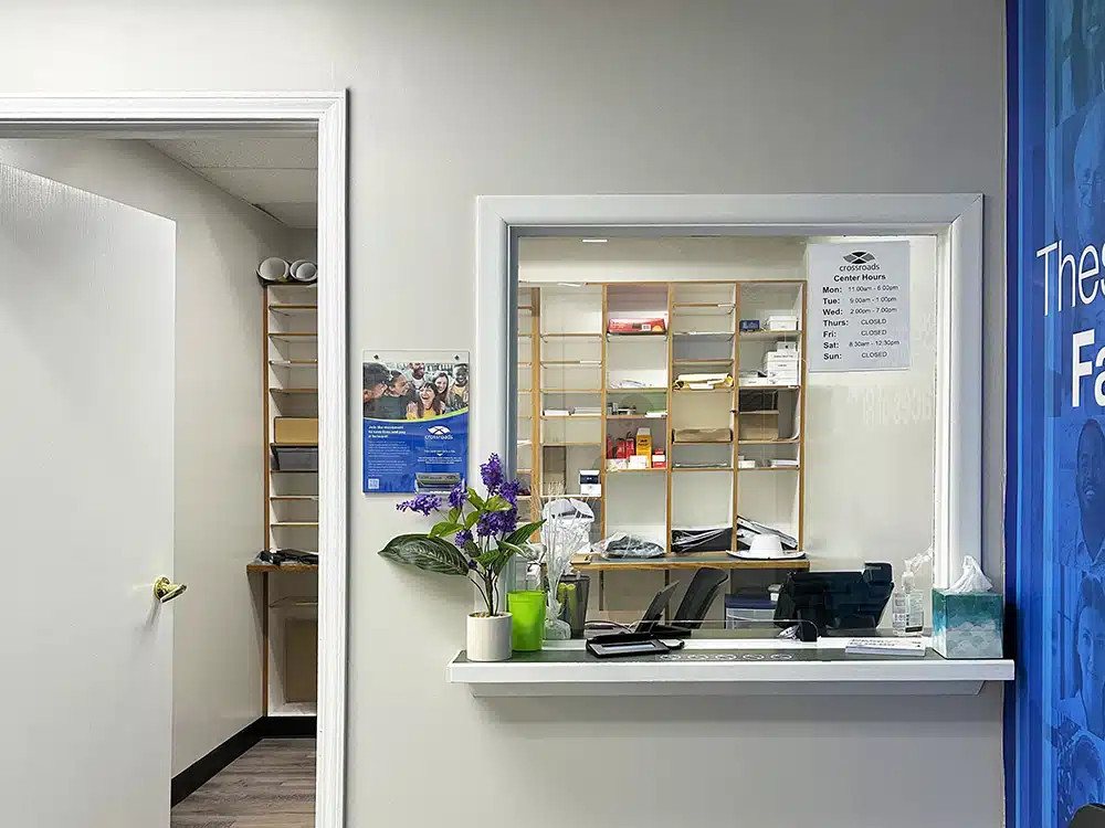 Reception window with shelves and clinic front desk