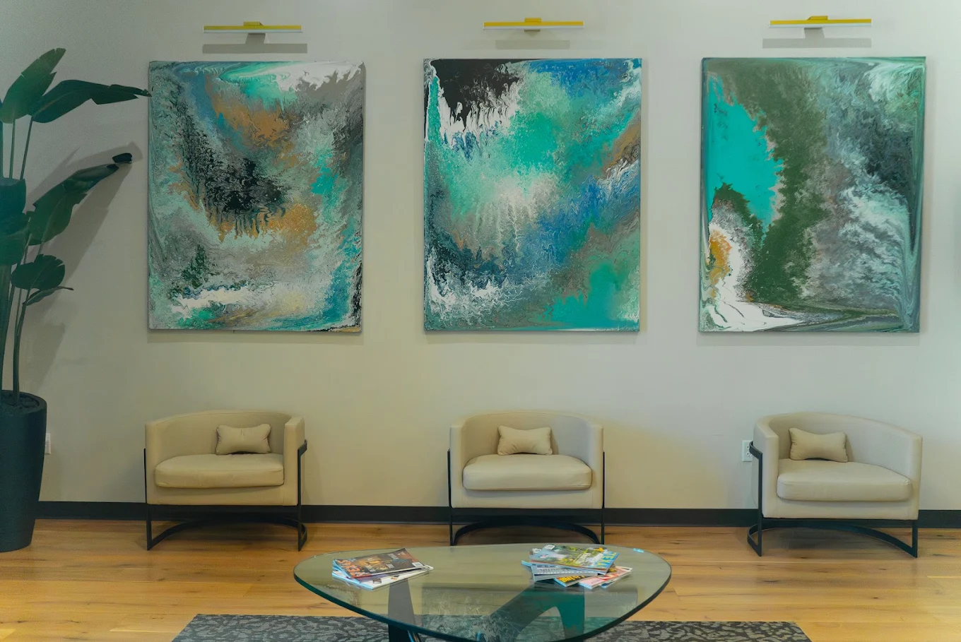 Lobby seating with abstract artwork