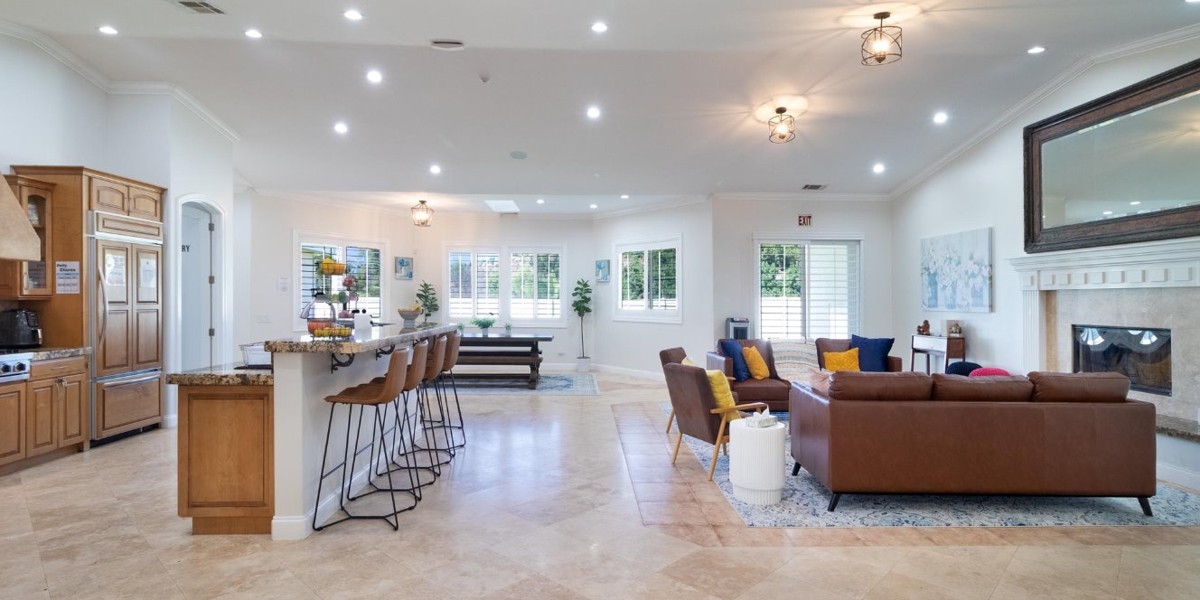 Open dining and lounge space with bar seating, couches, and fireplace