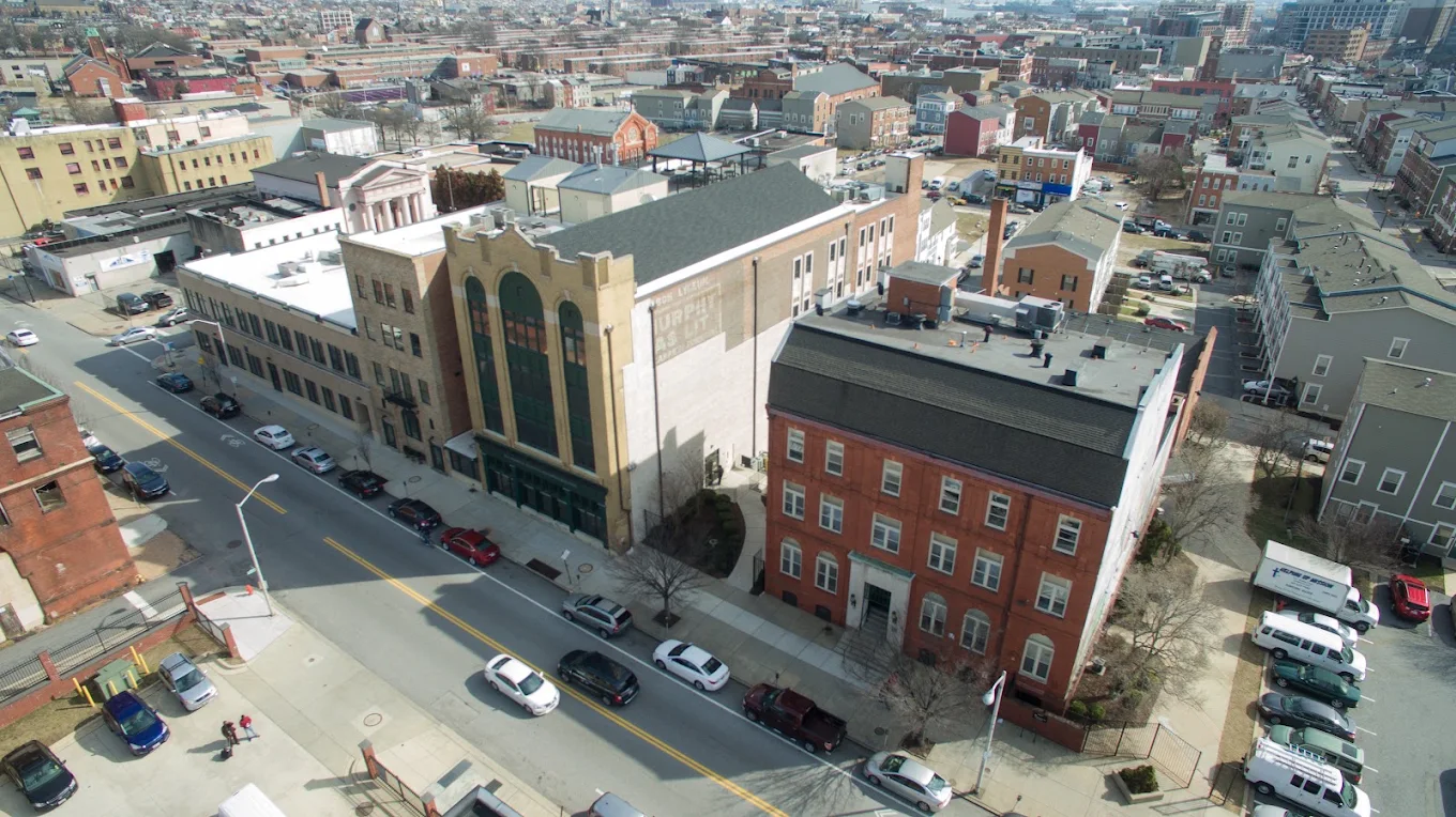 Aerial view of Helping Up Mission buildings in Baltimore