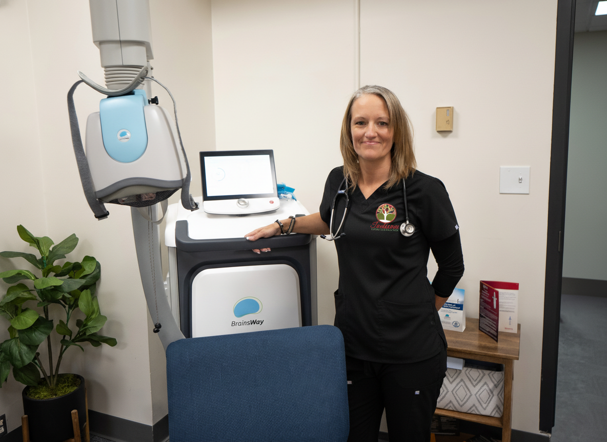 Nurse standing beside TMS machine in treatment room.