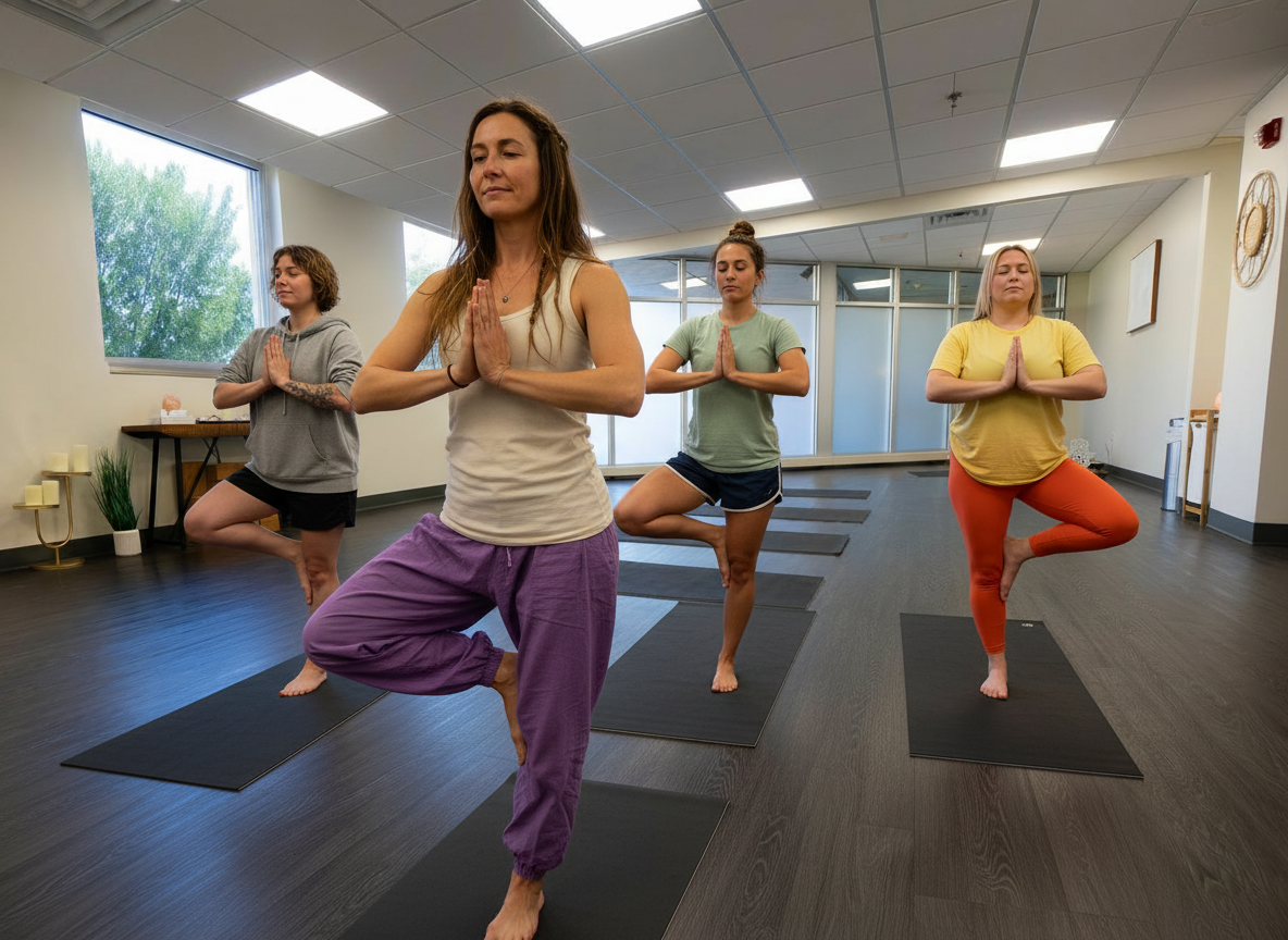 Group practicing yoga poses in a bright studio.