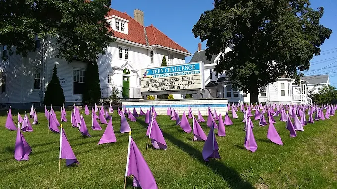 Rehab facility exterior with lawn and purple flags