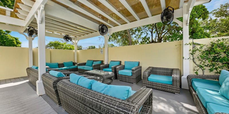 A shaded outdoor lounge area with cozy wicker furniture, soft turquoise cushions, and ceiling fans, offering a relaxing and inviting atmosphere.