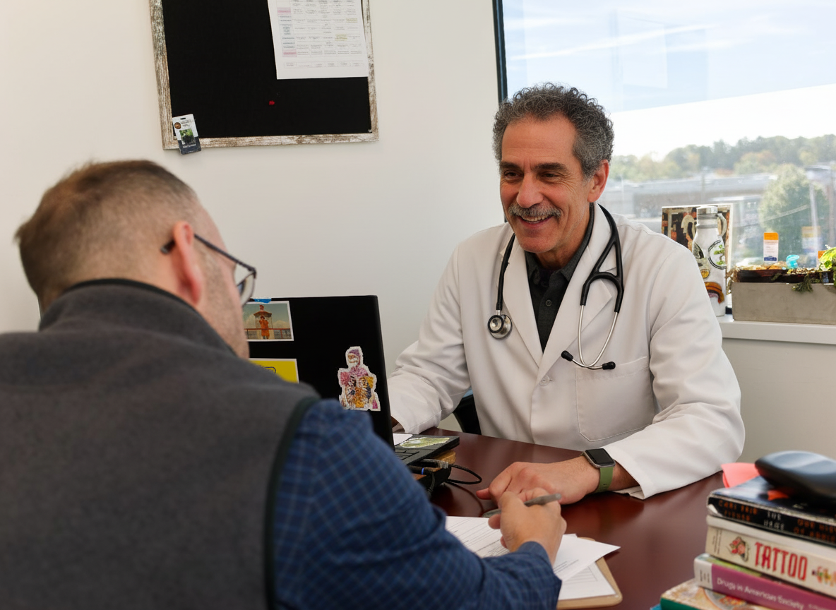 Doctor meeting with a patient in a bright office.