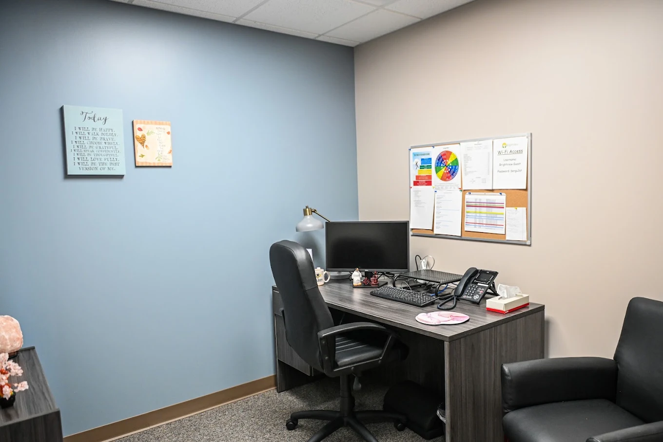 Private counseling office with desk and seating