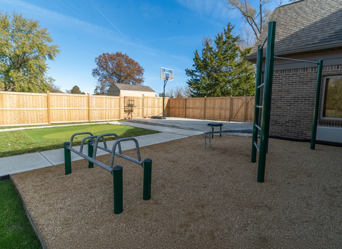 Outdoor workout space with bars beside fenced yard