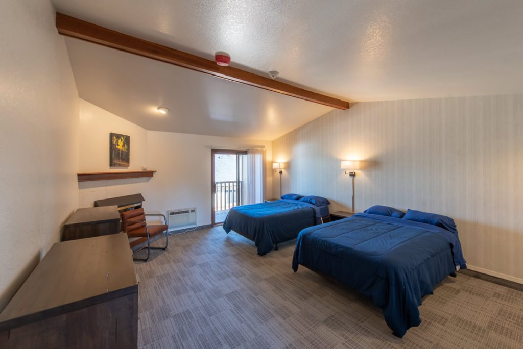 Spacious double room with two beds and balcony access