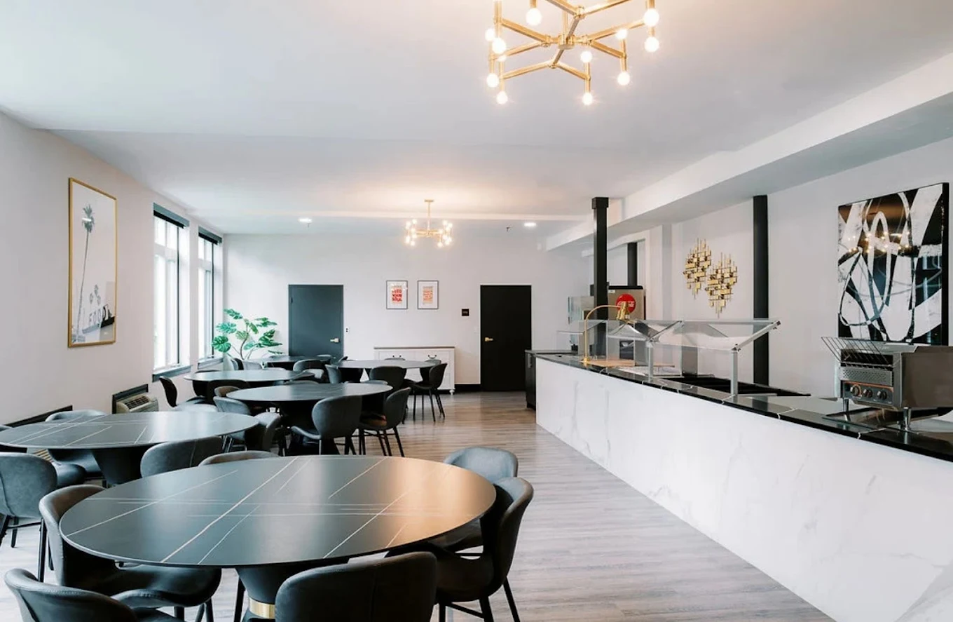 Modern communal dining room with buffet counter