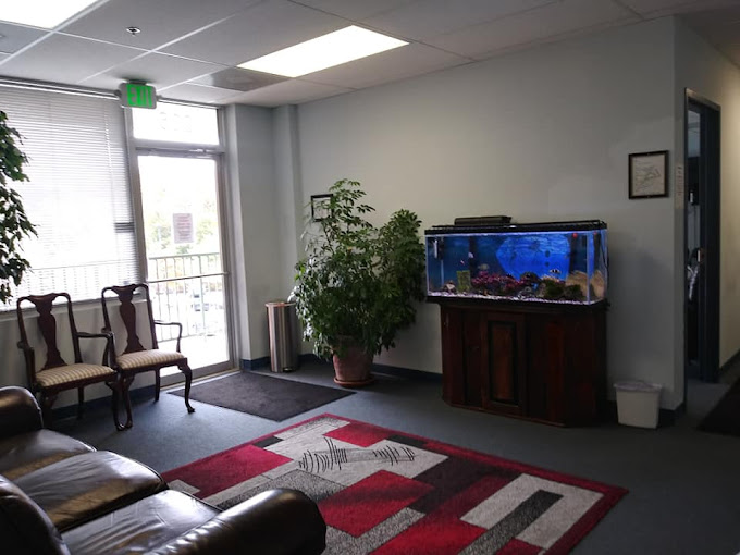 Waiting room with an aquarium, acouch, and chairs.