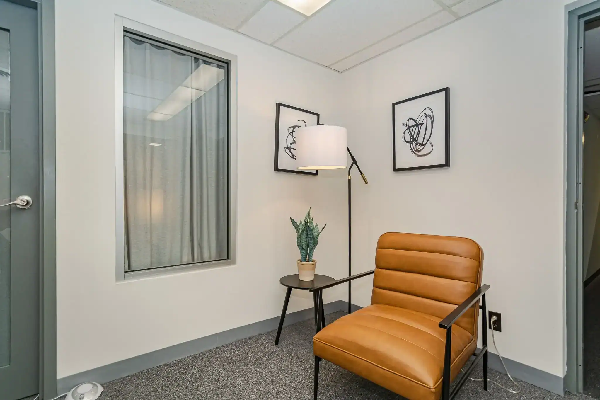 Private consultation room with chair and floor lamp