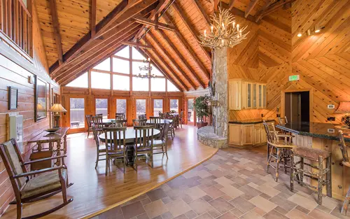Open dining area with rustic wood interior